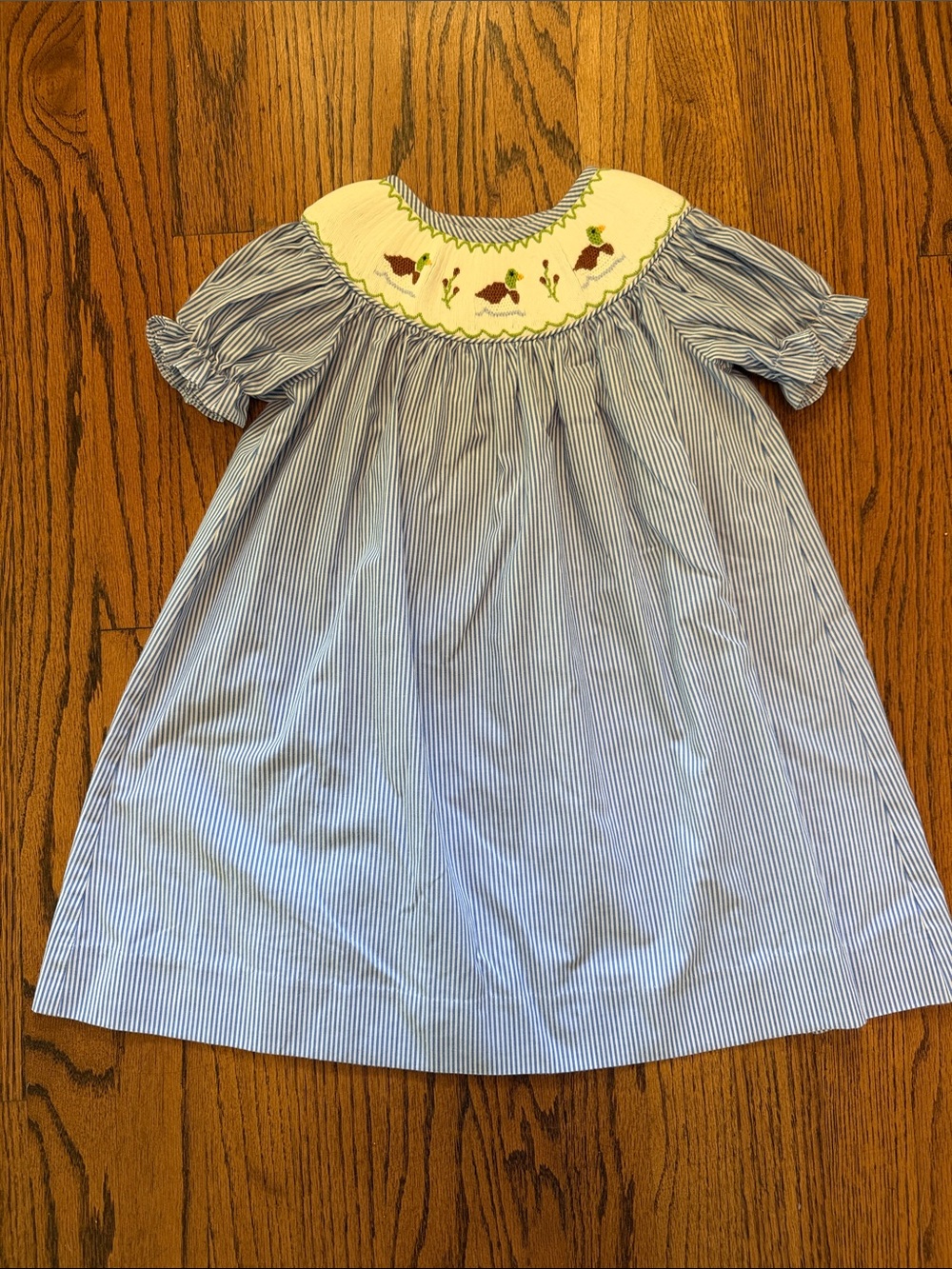 Blue Pinstripe Smocked Yoke Kids Dress